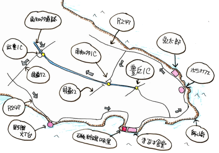 野間灯台とぽんかふぇを巡る旅ルート図
