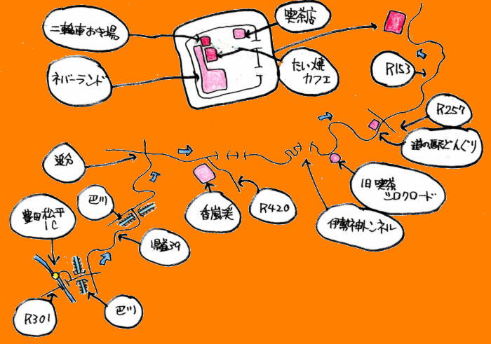 たい焼きカフェおやつタイムツーリングルート図