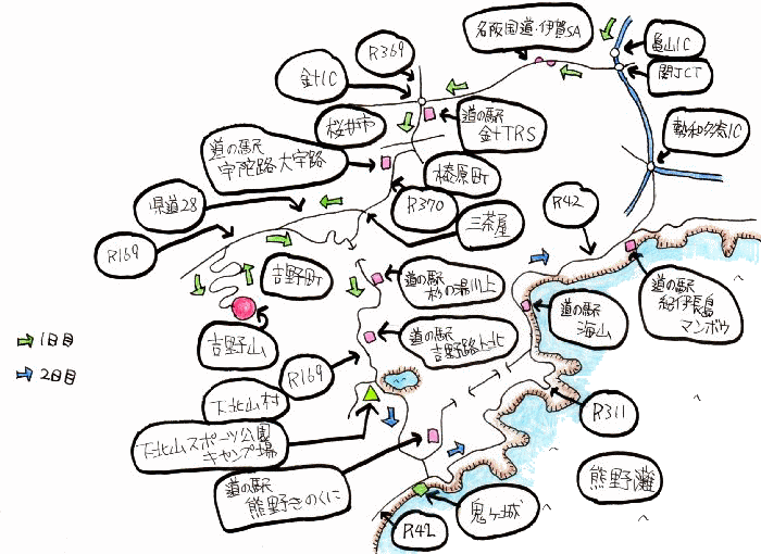 吉野山、熊野キャンプルート図